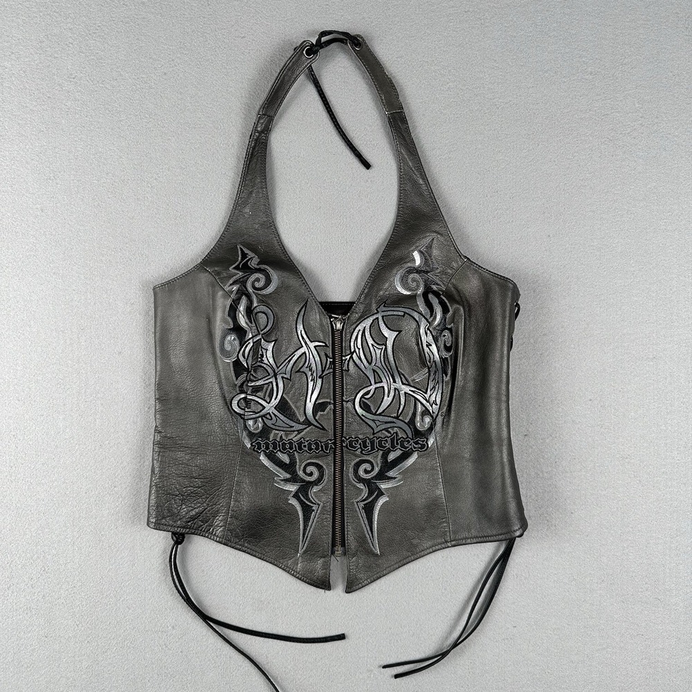 Y2K Harley Davidson Halter Vest Top Small Gray Leather Biker Shadow Crest Grunge